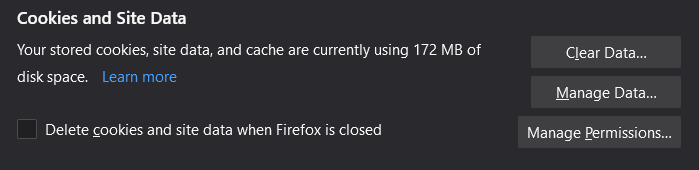 A screenshot of the Firefox Cookies and Site Data settings