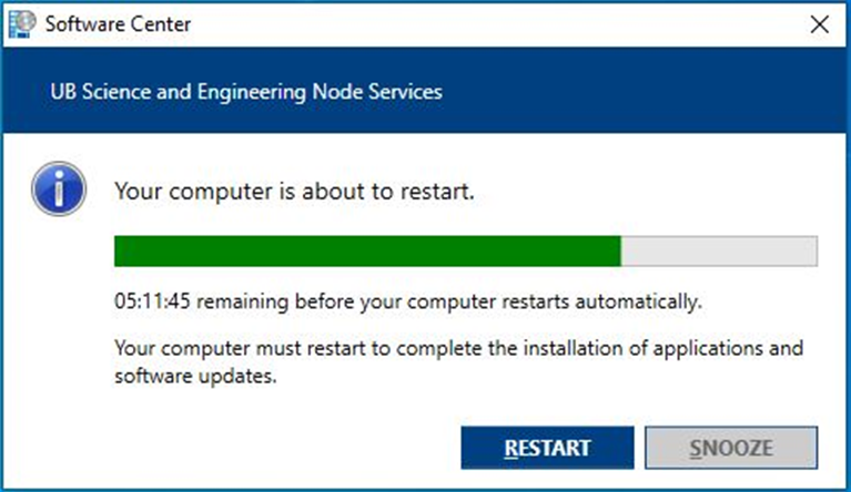 A screenshot of the Software Center About to Restart Box